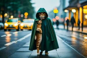 ein Katze im ein Grün Regenjacke Stehen auf das Straße. KI-generiert foto