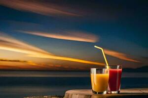 zwei Brille von Saft auf ein Tabelle mit ein Sonnenuntergang im das Hintergrund. KI-generiert foto