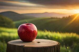 ein Apfel sitzt auf ein Stumpf im Vorderseite von ein Sonnenuntergang. KI-generiert foto