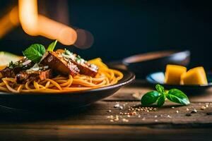 Spaghetti mit Fleisch und Käse im ein Schüssel. KI-generiert foto