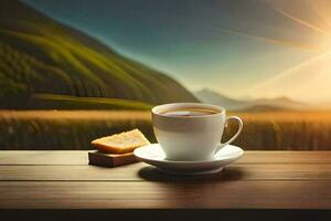 Kaffee, das Sonne, Berge, das Landschaft, Natur, hd Hintergrund. KI-generiert foto