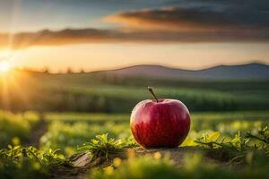 ein rot Apfel im ein Feld von Grün Gras. KI-generiert foto