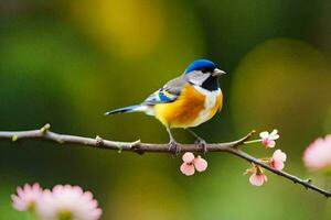 ein klein Vogel ist Sitzung auf ein Ast mit Rosa Blumen. KI-generiert foto