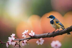 ein Vogel sitzt auf ein Ast mit Rosa Blumen. KI-generiert foto