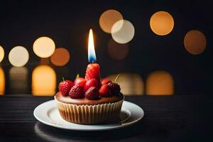 ein Cupcake mit Erdbeeren und ein Kerze. KI-generiert foto