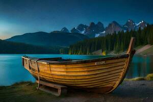 ein Boot sitzt auf das Ufer von ein See beim Sonnenuntergang. KI-generiert foto