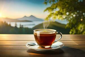 ein Tasse von Tee auf ein hölzern Tabelle mit ein Aussicht von das Berge. KI-generiert foto