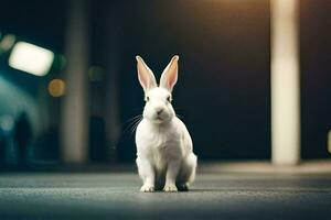 Weiß Hase Sitzung auf das Boden im ein dunkel Zimmer. KI-generiert foto