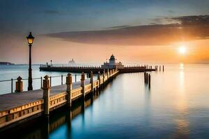 ein Seebrücke mit ein Leuchtturm beim Sonnenuntergang. KI-generiert foto