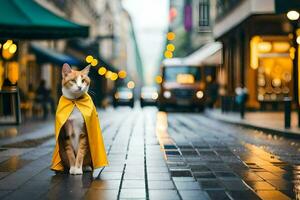 ein Katze tragen ein Gelb Kap auf ein Stadt Straße. KI-generiert foto