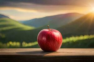 ein Apfel sitzt auf ein hölzern Tabelle im Vorderseite von ein Berg. KI-generiert foto