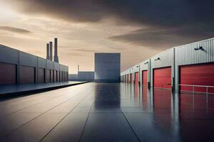 ein Warenhaus mit rot Türen und ein Himmel. KI-generiert foto