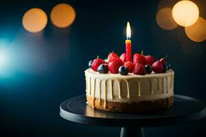 ein Geburtstag Kuchen mit Beeren und ein zündete Kerze. KI-generiert foto