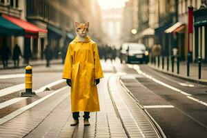 ein Person tragen ein Gelb Regenjacke und ein Fuchs Maske. KI-generiert foto