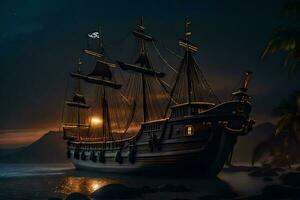 ein Pirat Schiff im das Ozean beim Nacht. KI-generiert foto