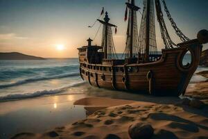 ein hölzern Schiff auf das Strand beim Sonnenuntergang. KI-generiert foto