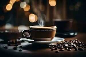 Kaffee Bohnen auf ein hölzern Tisch. KI-generiert foto
