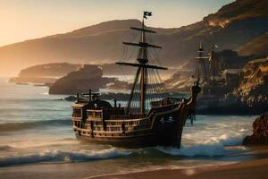 Pirat Schiff auf das Strand beim Sonnenuntergang. KI-generiert foto