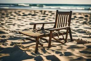 ein hölzern Stuhl sitzt auf das Strand in der Nähe von das Ozean. KI-generiert foto