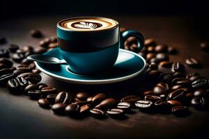 ein Tasse von Kaffee ist umgeben durch Kaffee Bohnen. KI-generiert foto