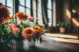 Blumen im Vasen auf ein Tabelle im Vorderseite von Fenster. KI-generiert foto