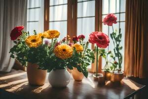 Blumen im Vasen auf ein Tabelle im Vorderseite von ein Fenster. KI-generiert foto