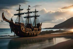 ein Pirat Schiff sitzt auf das Strand beim Sonnenuntergang. KI-generiert foto