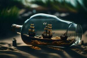 Schiff im ein Flasche, Miniatur, Miniatur Schiffe, Miniatur Schiffe, Miniatur Schiffe im ein Flasche,. KI-generiert foto