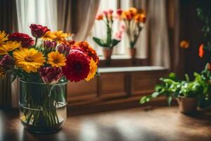 ein Vase von Blumen Sitzung auf ein Tabelle in der Nähe von ein Fenster. KI-generiert foto