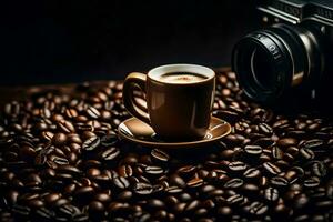 Kaffee Bohnen und ein Kamera auf ein schwarz Hintergrund. KI-generiert foto