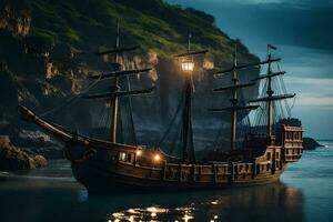ein Pirat Schiff ist schwebend im das Ozean beim Nacht. KI-generiert foto