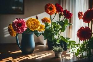 Blumen im Vasen auf ein Fensterbrett. KI-generiert foto