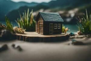 ein Miniatur Haus auf ein klein Insel im das Mitte von das Ozean. KI-generiert foto