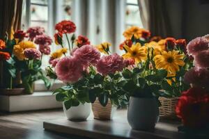 Blumen im Vasen auf ein Tabelle im Vorderseite von ein Fenster. KI-generiert foto