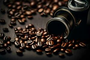 Kaffee Bohnen auf ein schwarz Hintergrund. KI-generiert foto