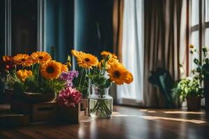 ein Vase von Blumen auf ein hölzern Tisch. KI-generiert foto