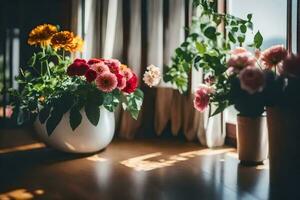 Blumen im Vasen auf ein Fensterbrett. KI-generiert foto