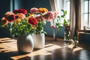 Blumen im Vasen auf ein hölzern Tisch. KI-generiert foto