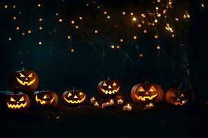 Halloween Kürbisse im das dunkel mit Beleuchtung. KI-generiert foto