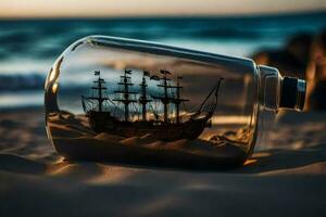 ein Schiff im ein Flasche auf das Strand. KI-generiert foto