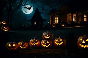 Halloween Kürbisse im Vorderseite von ein Haus beim Nacht. KI-generiert foto