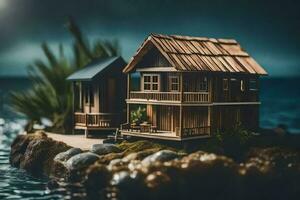 Miniatur hölzern Haus auf ein Felsen durch das Ozean. KI-generiert foto