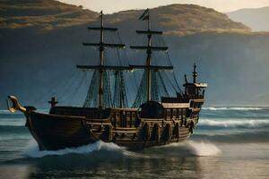 ein Pirat Schiff ist Segeln im das Ozean. KI-generiert foto