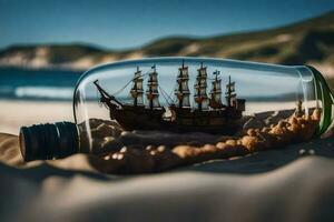 ein Schiff im ein Flasche auf das Strand. KI-generiert foto