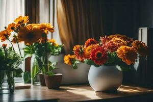 Orange Blumen im Vasen auf ein Tabelle in der Nähe von ein Fenster. KI-generiert foto