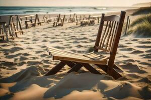 ein hölzern Stuhl sitzt auf das Sand im Vorderseite von ein Strand. KI-generiert foto