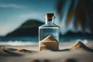 ein Flasche von Sand auf das Strand mit ein Pyramide. KI-generiert foto
