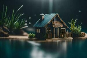 ein Miniatur Haus auf das Wasser mit Gras und Pflanzen. KI-generiert foto