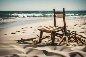 ein Stuhl auf das Strand mit ein gebrochen Stuhl. KI-generiert foto