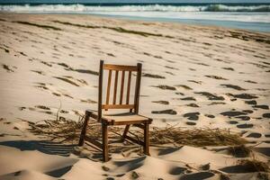 ein Stuhl sitzt auf das Strand in der Nähe von das Ozean. KI-generiert foto